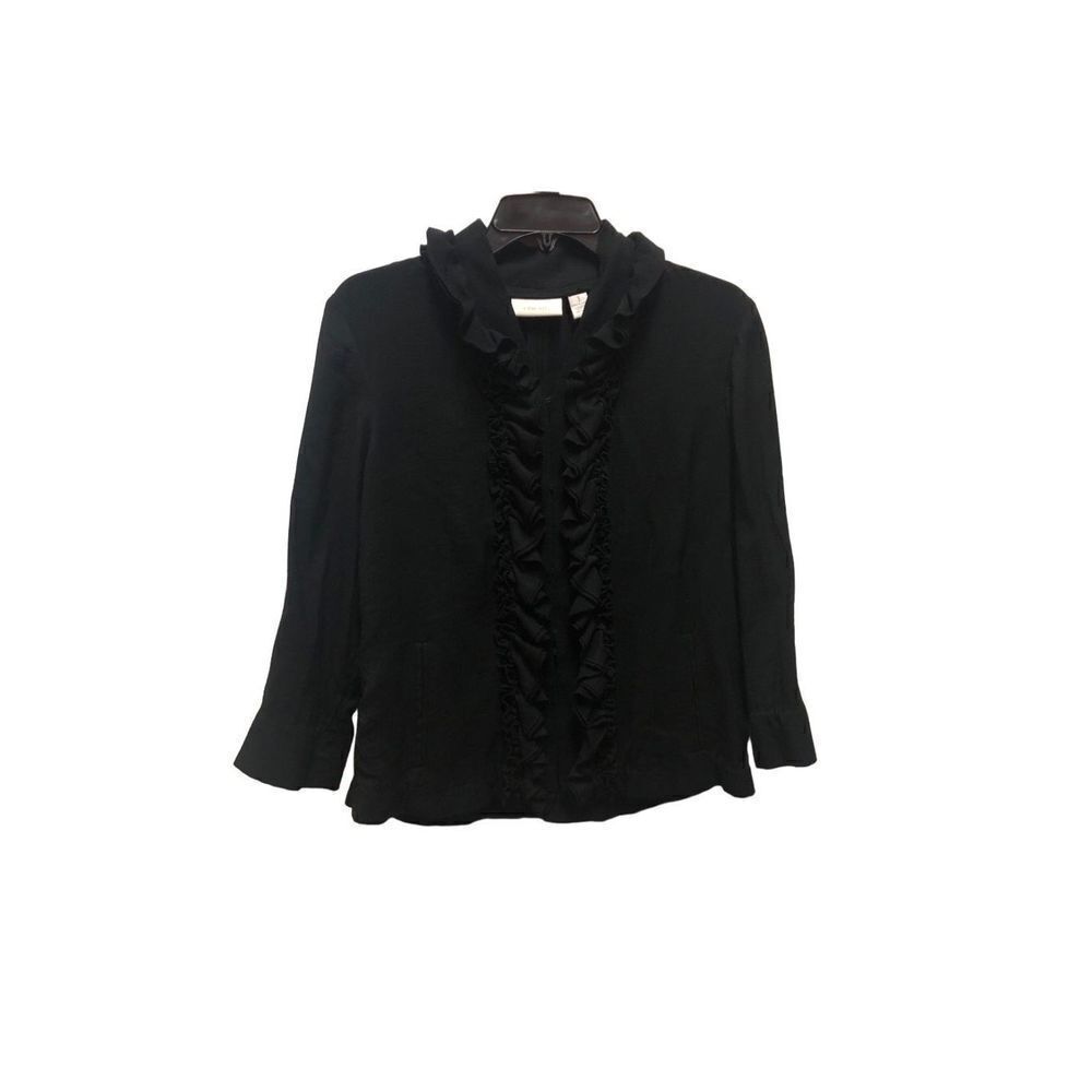 Chico’s Women’s Black Ruffle Button Clasp Dress Jacket With Pockets Size 1 M(8)